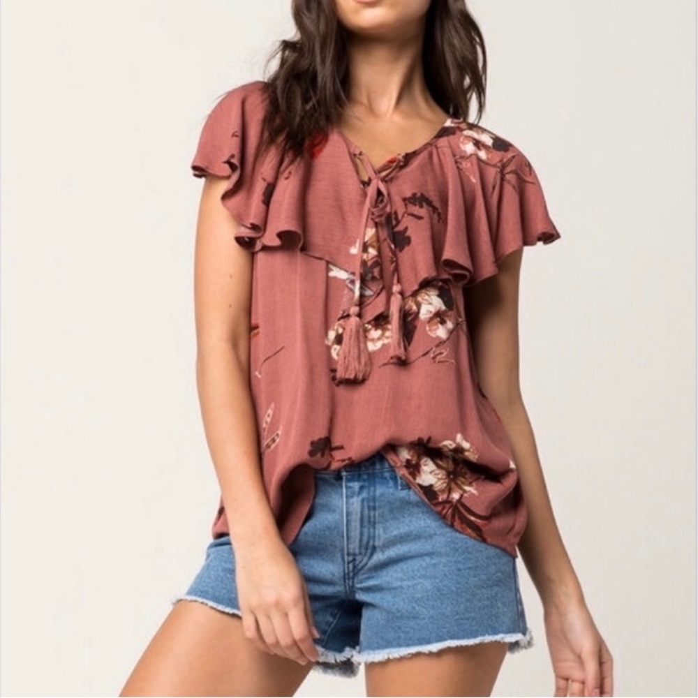 Tillys Blu Pepper Dark Mauve Pink Floral Blouse with Drawstring Tassel Tie